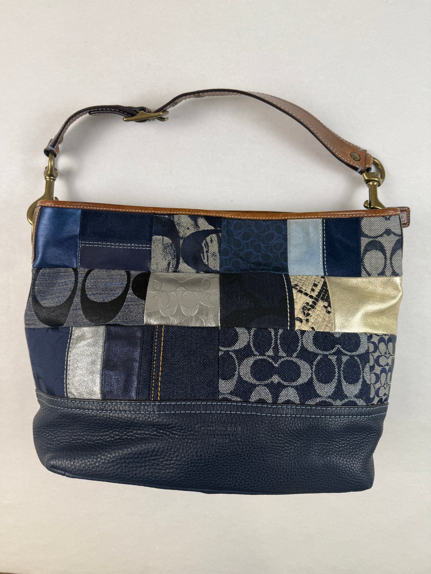 Designer Denim and Metallic Patchwork Coach Hand Bag